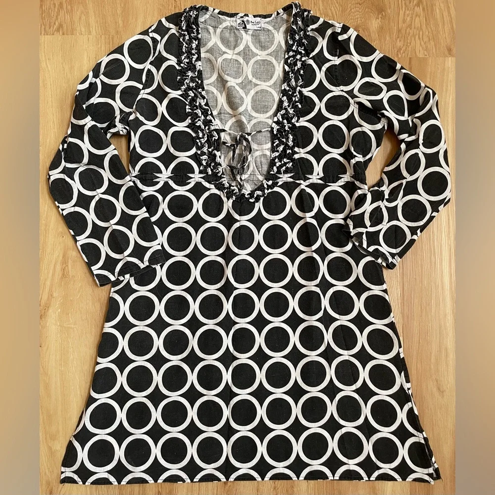 Mud pie Tunic Dress Bag Lady large black white preppy ruffle Mudpie
